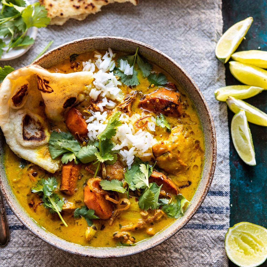 30 Minute Chicken Braised in Coconut Milk with Sweet Potatoes and Rice