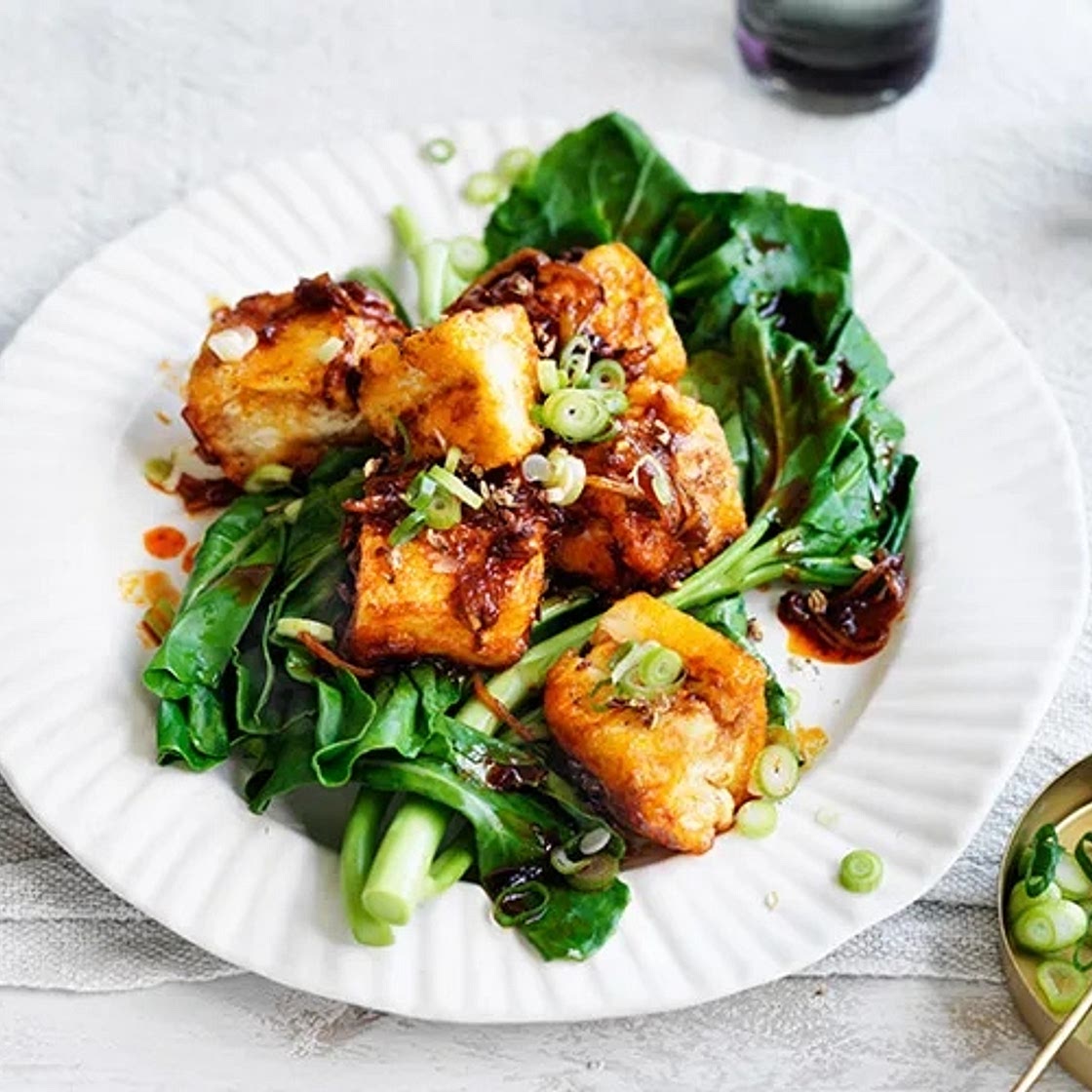 Tofu with chilli jam and spring onions