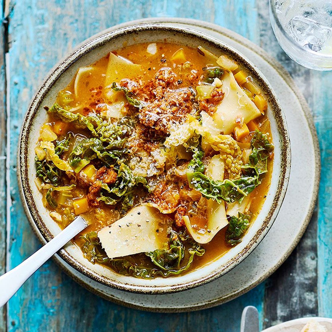 Red pesto minestrone soup