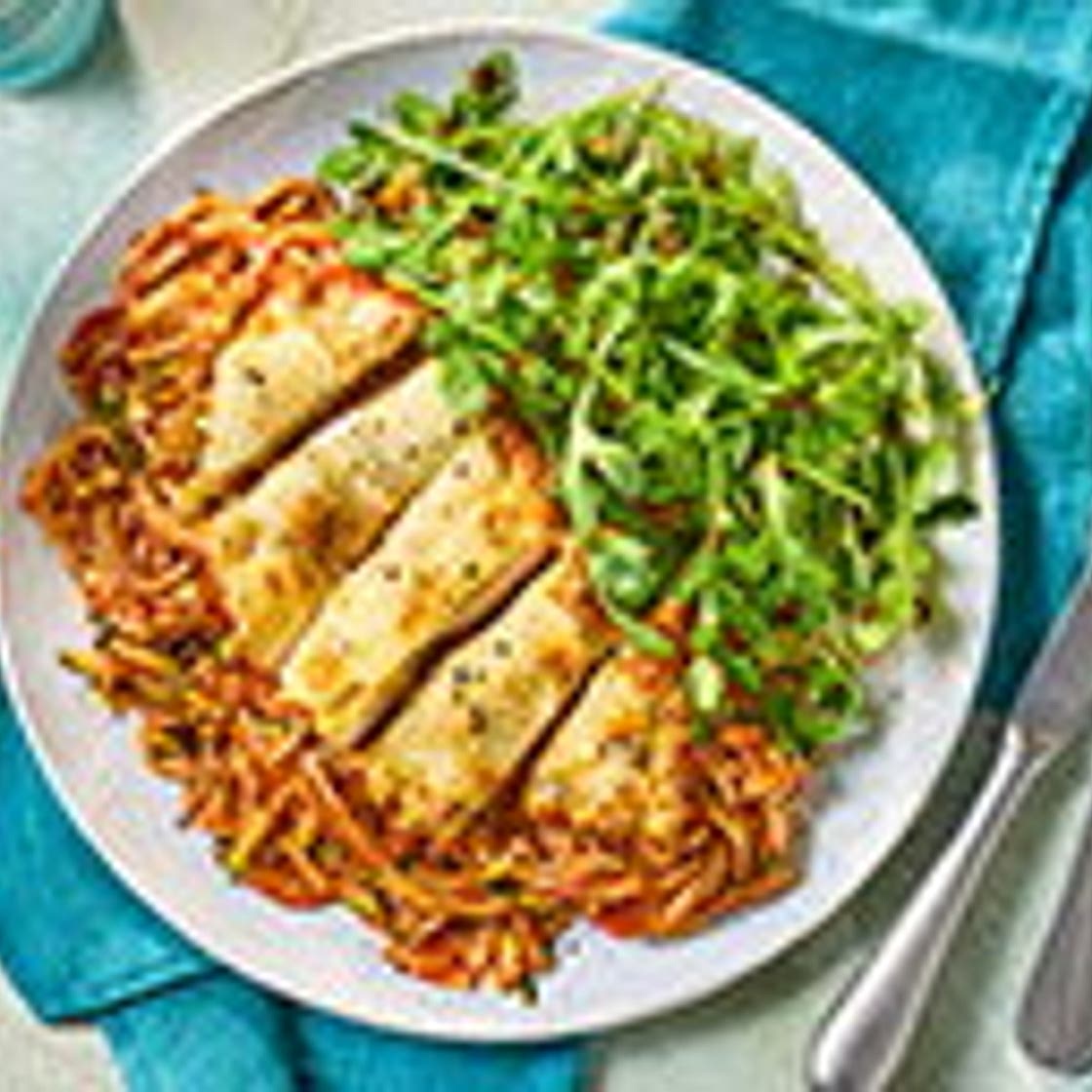 Air-fryer chicken parmigiana with spaghetti