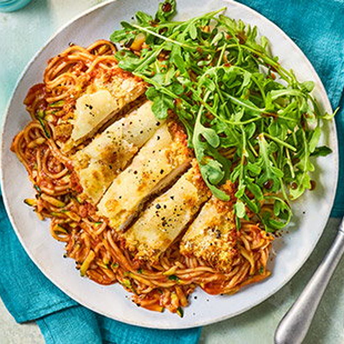 Air-fryer chicken parmigiana with spaghetti