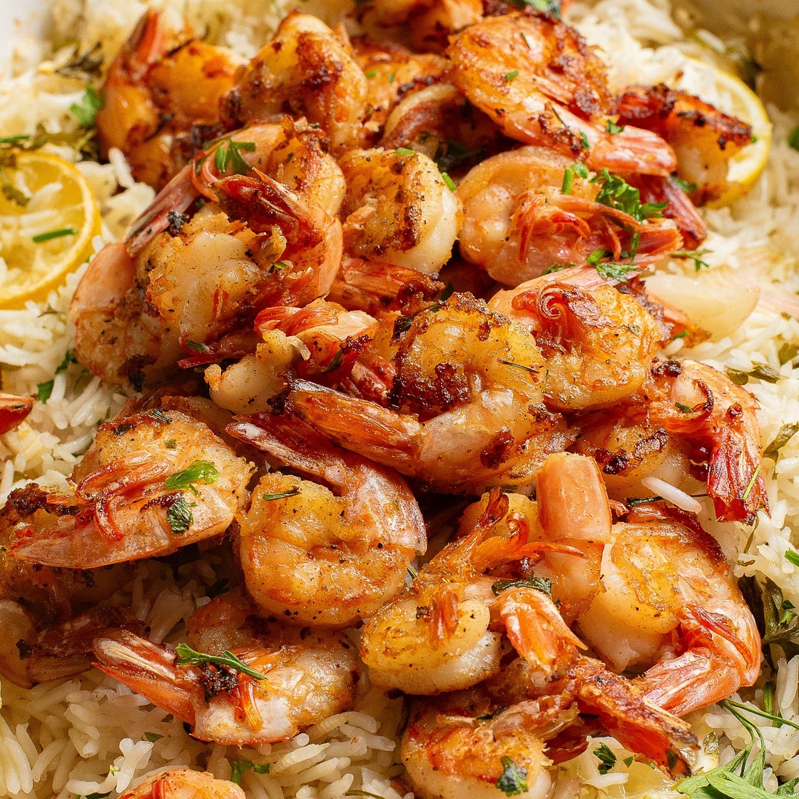 Baked Lemon Herb Rice with Garlic Butter Shrimp