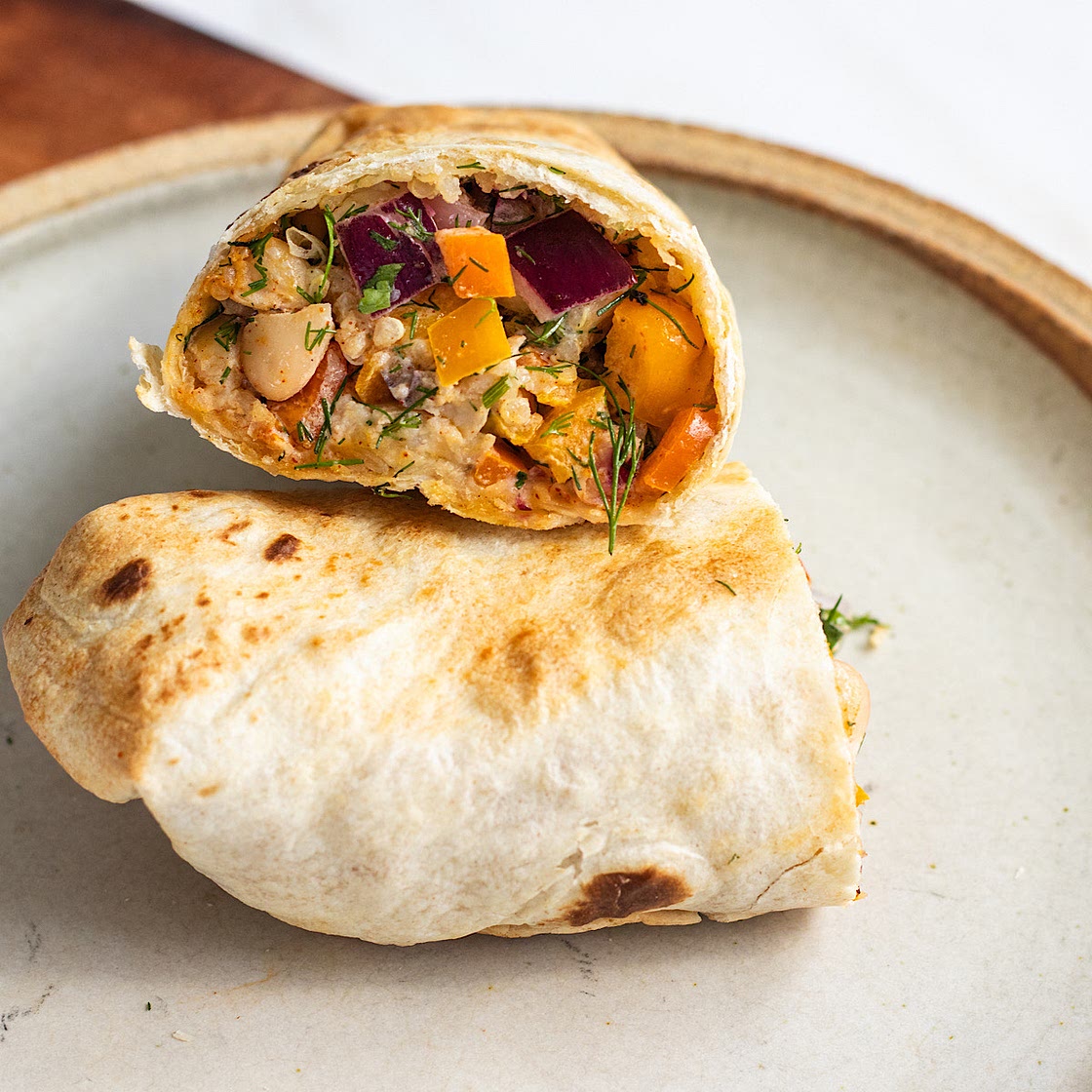 vegan mediterranean white bean quinoa burrito (air fryer)