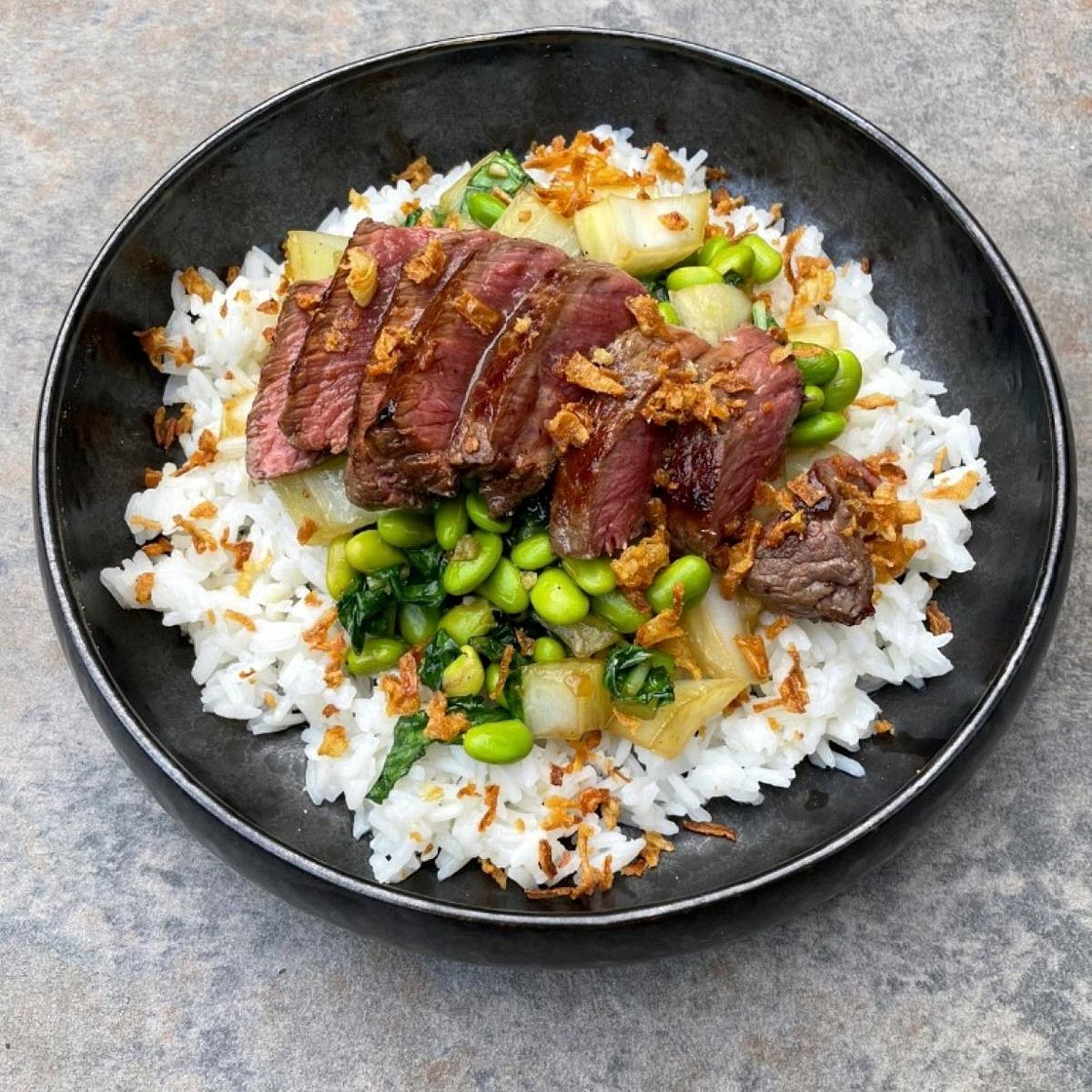 Asian Steak with Edamame, Bok Choy and Rice