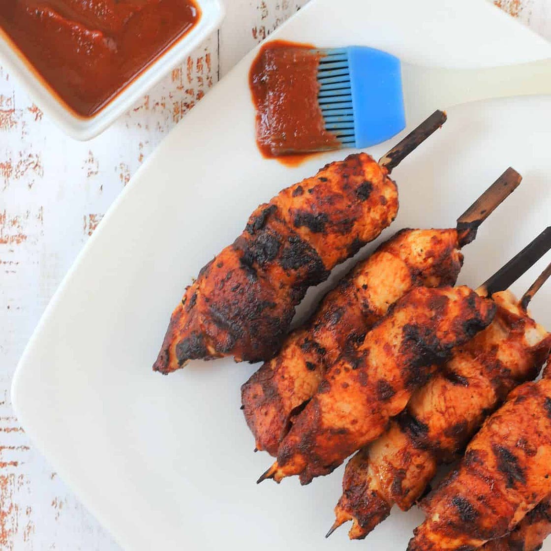 BBQ Air Fryer Bacon Wrapped Chicken Skewers
