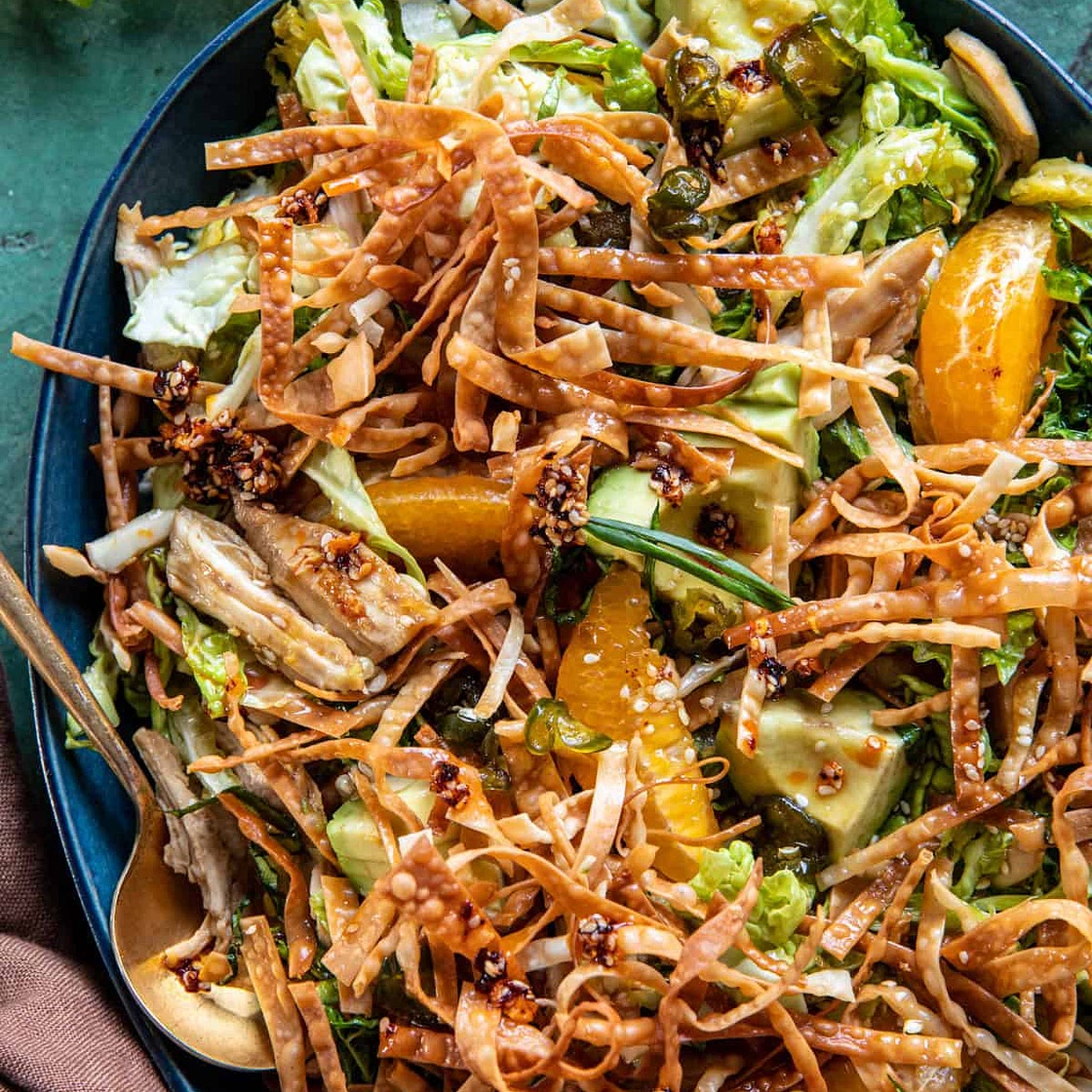 Sesame Ginger Orange Chicken Salad...with crispy fried wontons