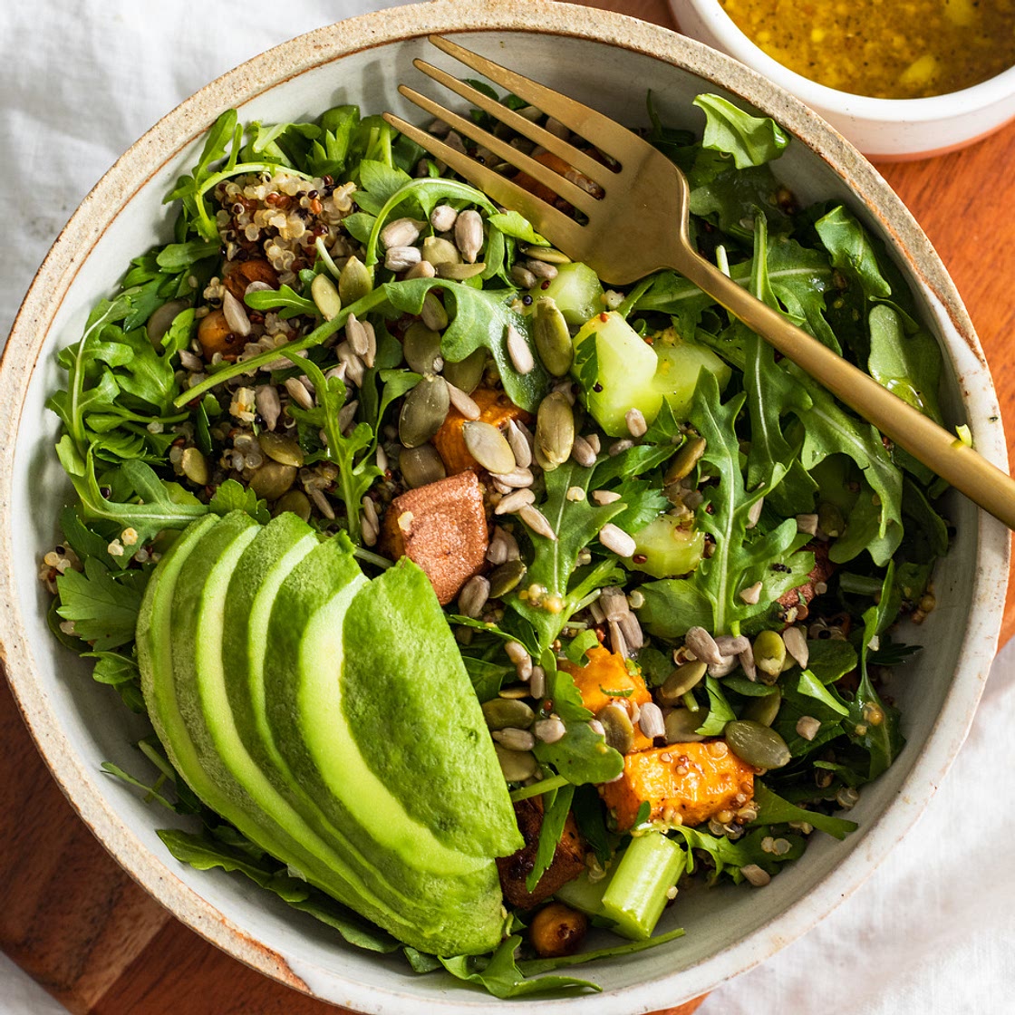 High Protein Vegan Arugula Salad with Honey Mustard Dressing