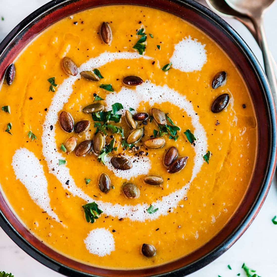 Pumpkin Carrot Fennel Soup with Roasted Pepitas