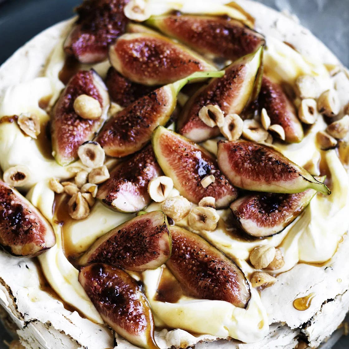 Hazelnut choc chip cake with Frangelico cream and figs