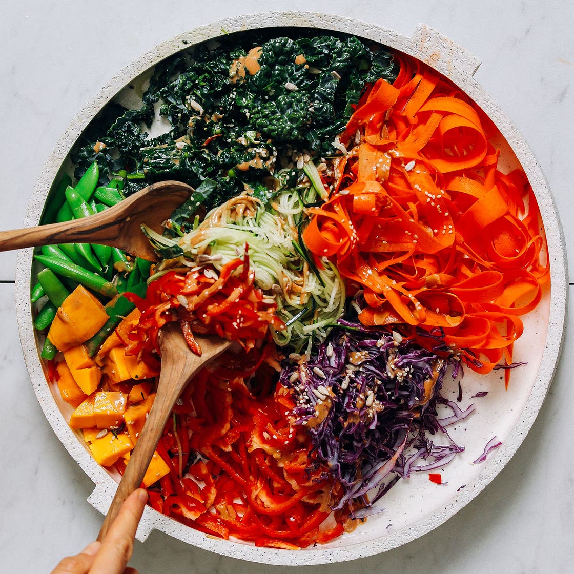 Raw Rainbow Veggie Noodle Salad with Peanut Dressing
