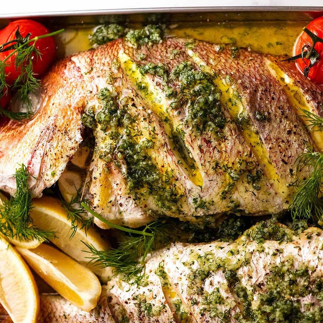 Whole Baked Fish – Herb-stuffed with Garlic & Dill Butter Sauce