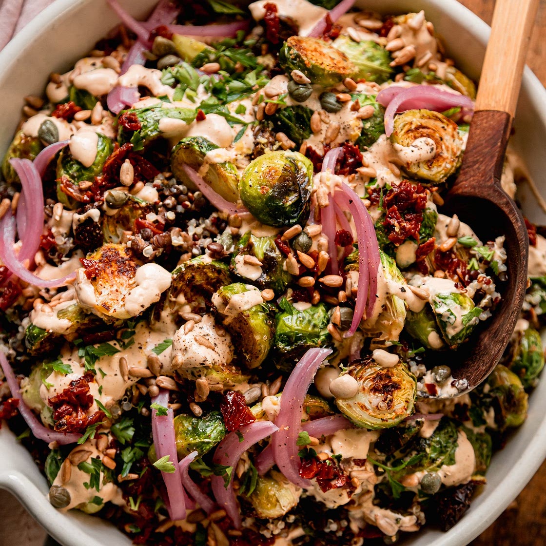 Roasted Brussels Sprouts, Quinoa & Lentil Salad with Spicy Caesar Dressing