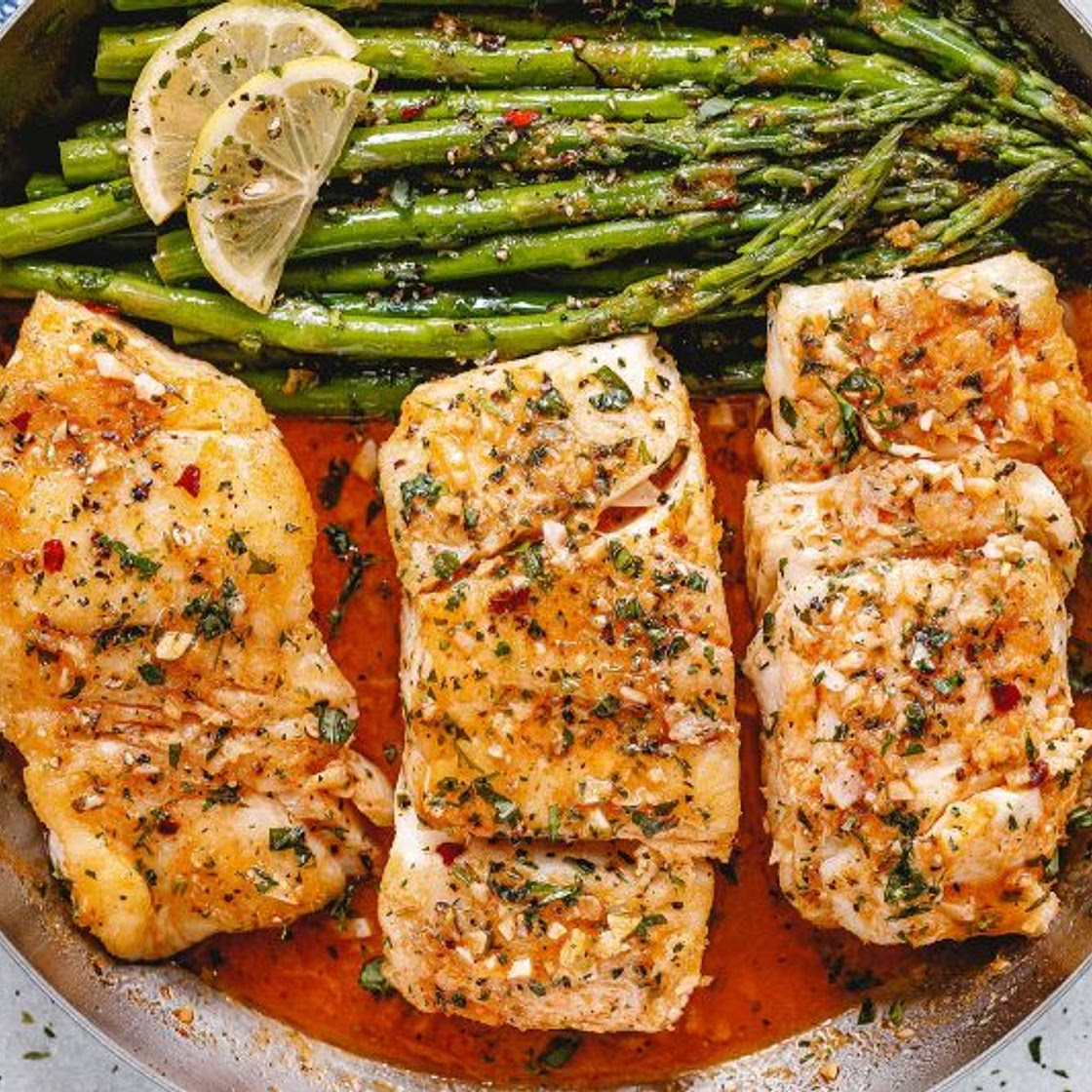 Garlic Butter Cod with Lemon Asparagus Skillet
