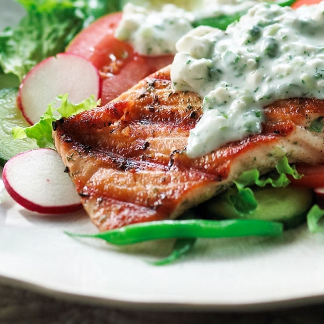 Grilled Salmon Salad with Feta Dressing