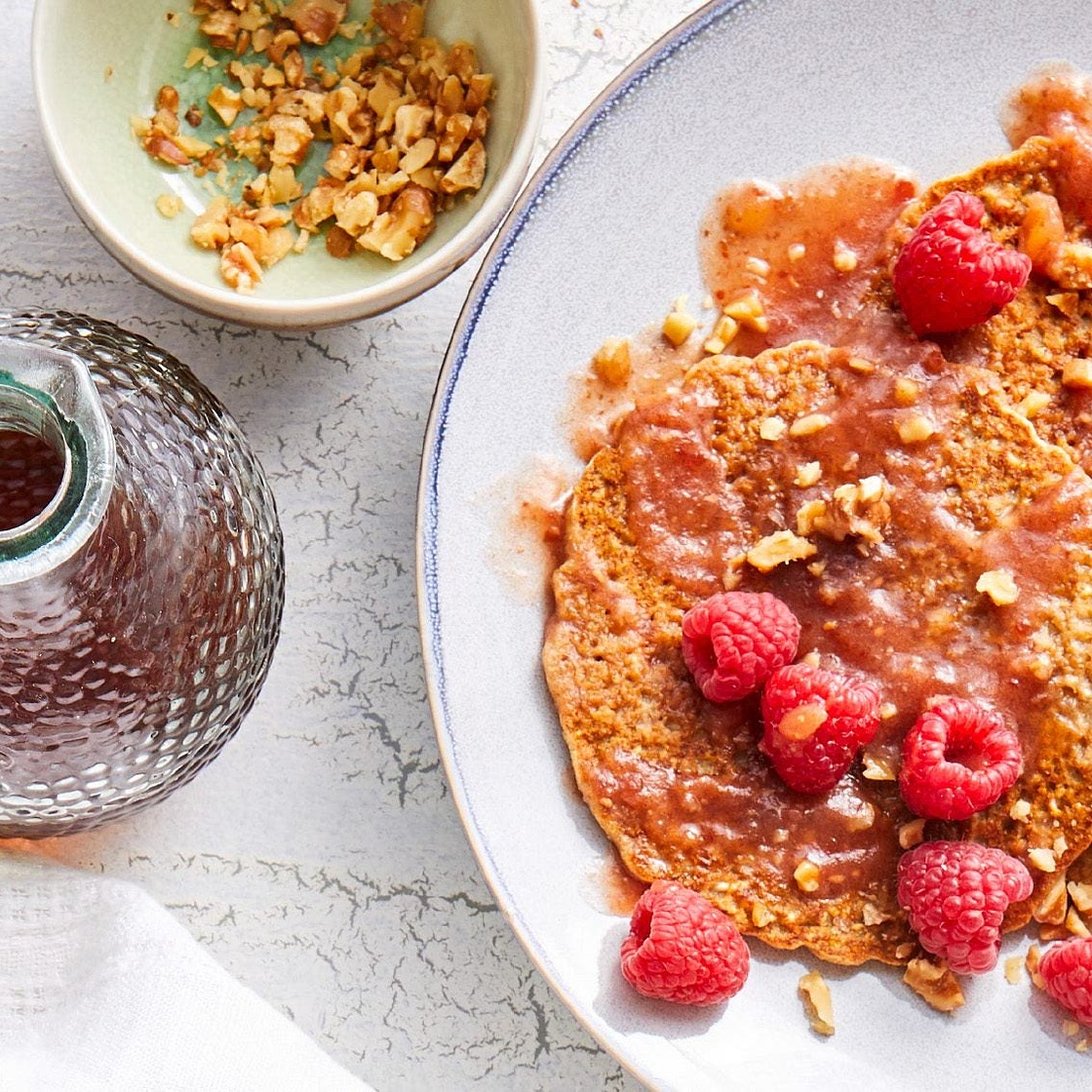Oatmeal-Lemon Pancakes with Raspberry-Date Syrup