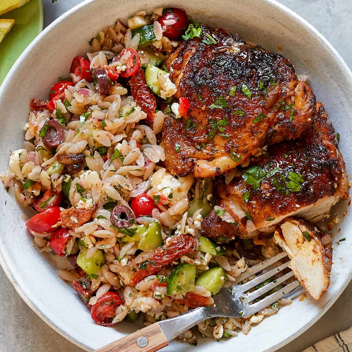 Mediterranean Orzo Salad with Pan-Roasted Chicken Thighs - Paleo, Gluten-Free