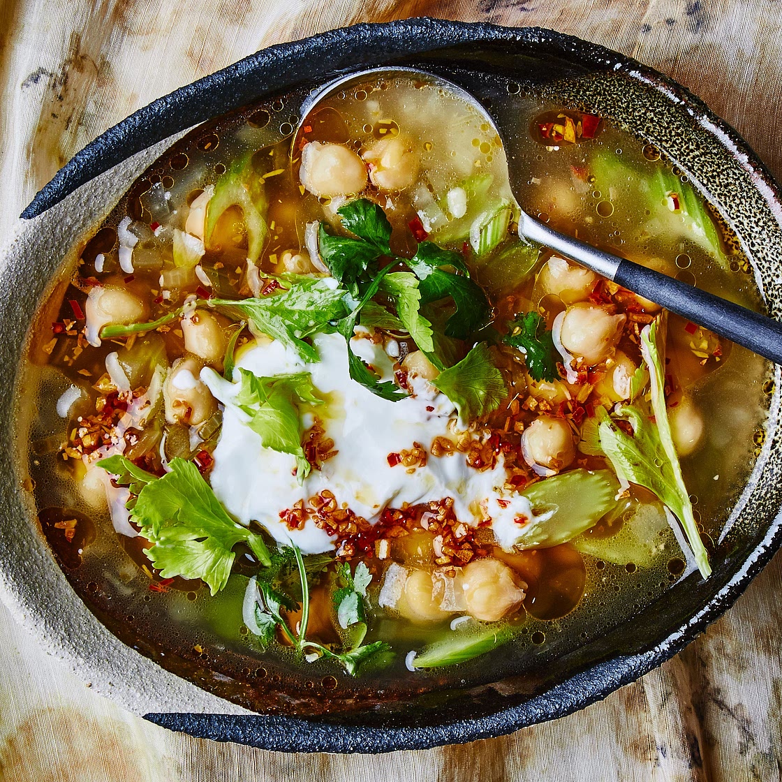 Chickpea and Celery Soup With Chile-Garlic Oil