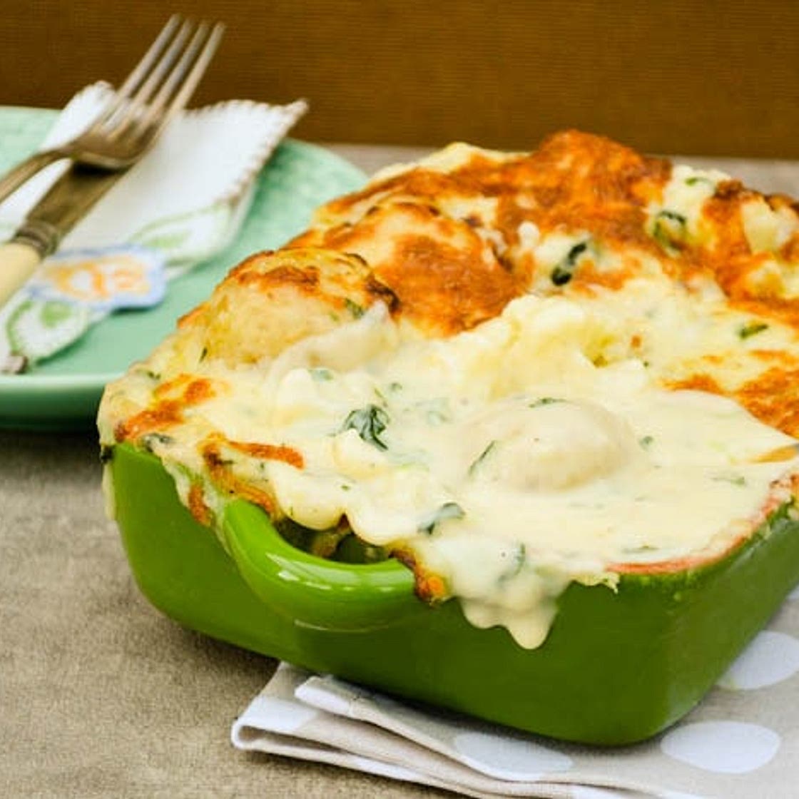 Cheesy Cauliflower and Potato Bake with Spinach