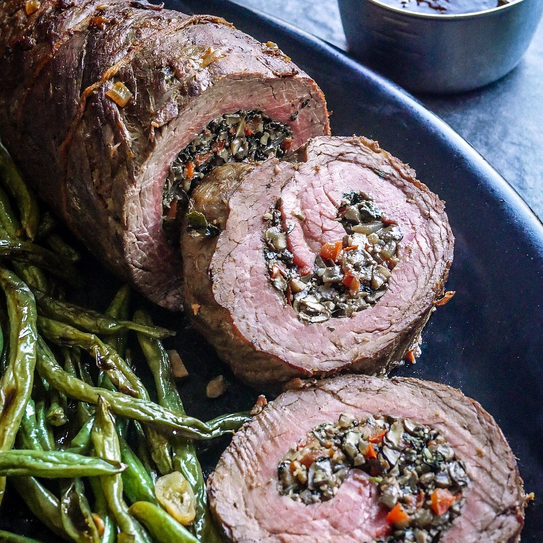 Whole30 Mushroom-Stuffed Beef Roulade with Garlicky Green Beans