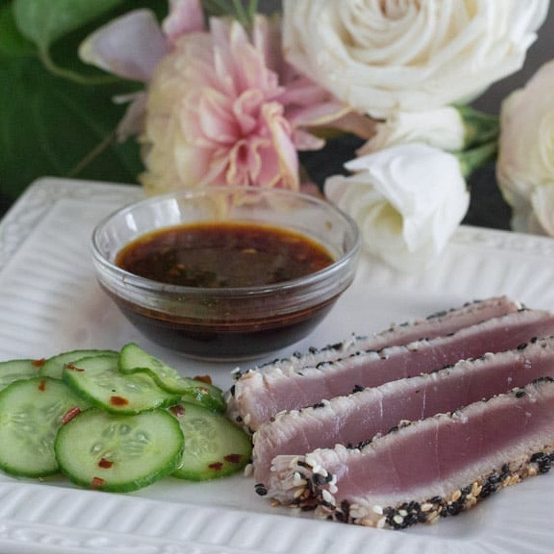 Sesame Crusted Ahi Tuna Steaks with Pickled Cucumbers