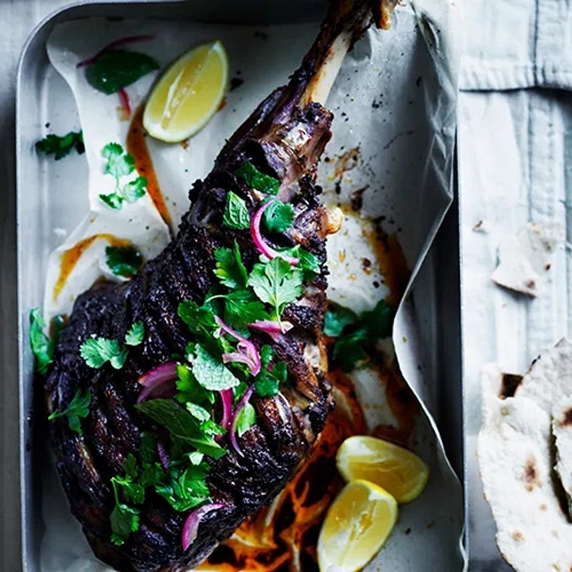 Shawarma-spiced roast lamb leg with beetroot sauce