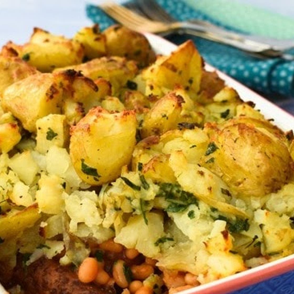 Cowboy Beans with Herby Crushed New Potatoes