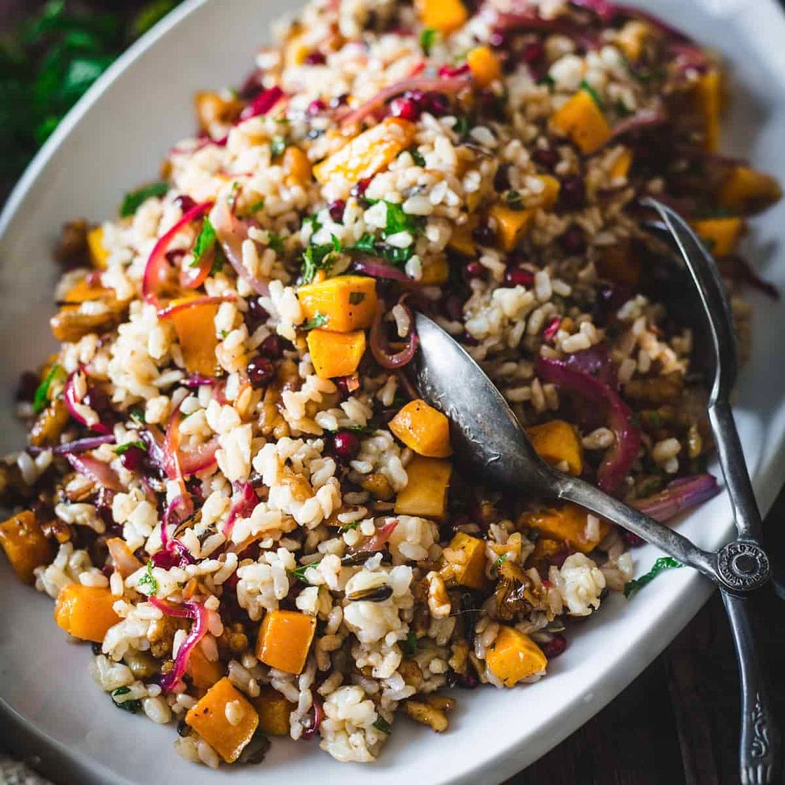 Butternut Squash Wild Rice Pilaf with Pomegranate Seeds and Walnuts