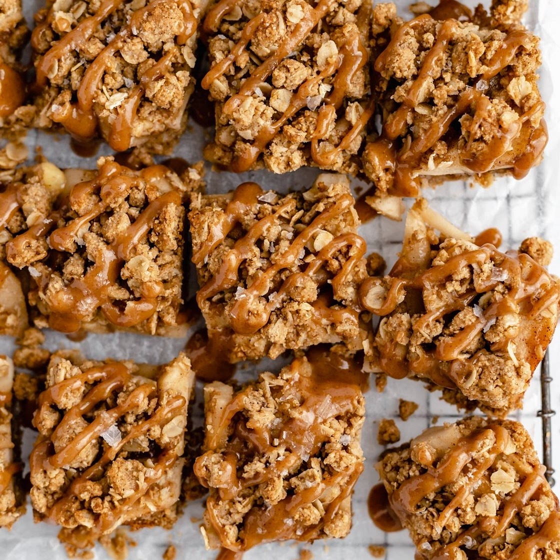 Healthy Apple Pie Bars with Salted Peanut Butter Caramel