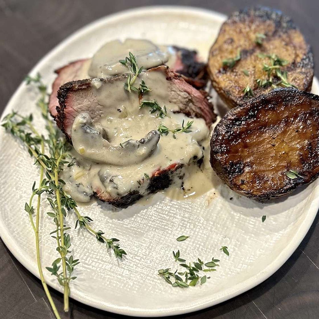 Coffee Rubbed Tri-Tip Steak with Bourbon Mushroom Cream Sauce
