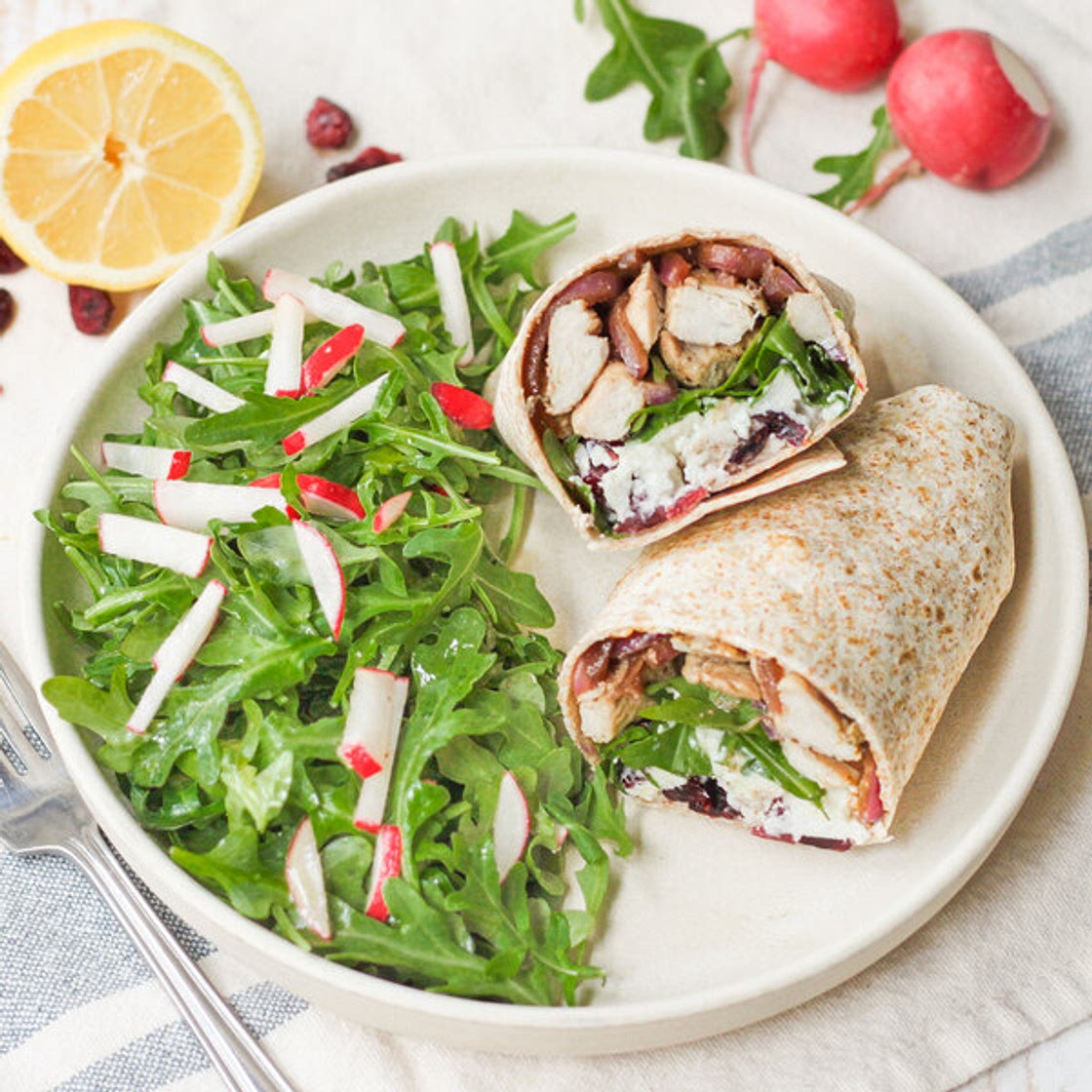 Balsamic Chicken Wrap with Goat Cheese, Cranberries & Lemony Arugula