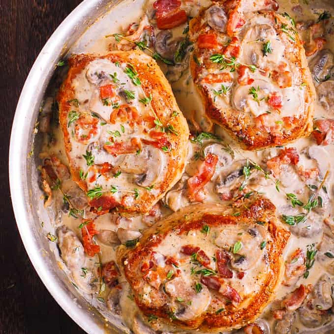 Bacon and Mushroom Smothered Pork Chops