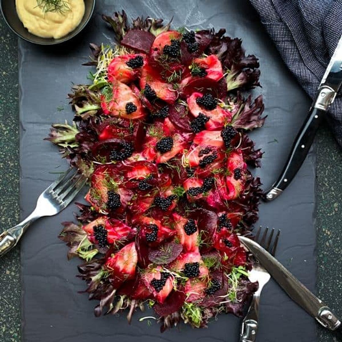 Beetroot Cured Salmon Salad with Black Fish Roe