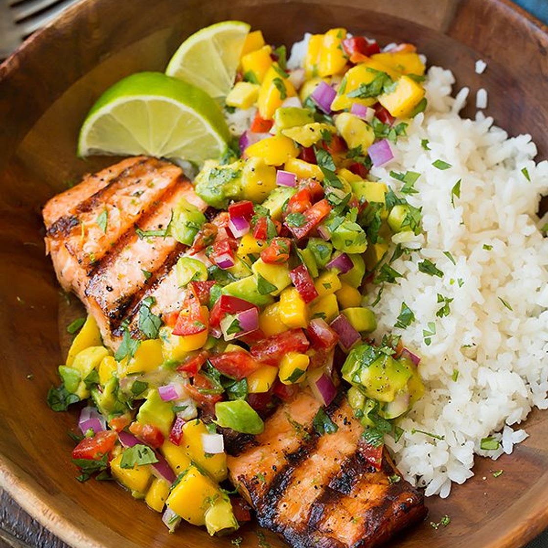 Grilled Salmon with Mango Salsa and Coconut Rice