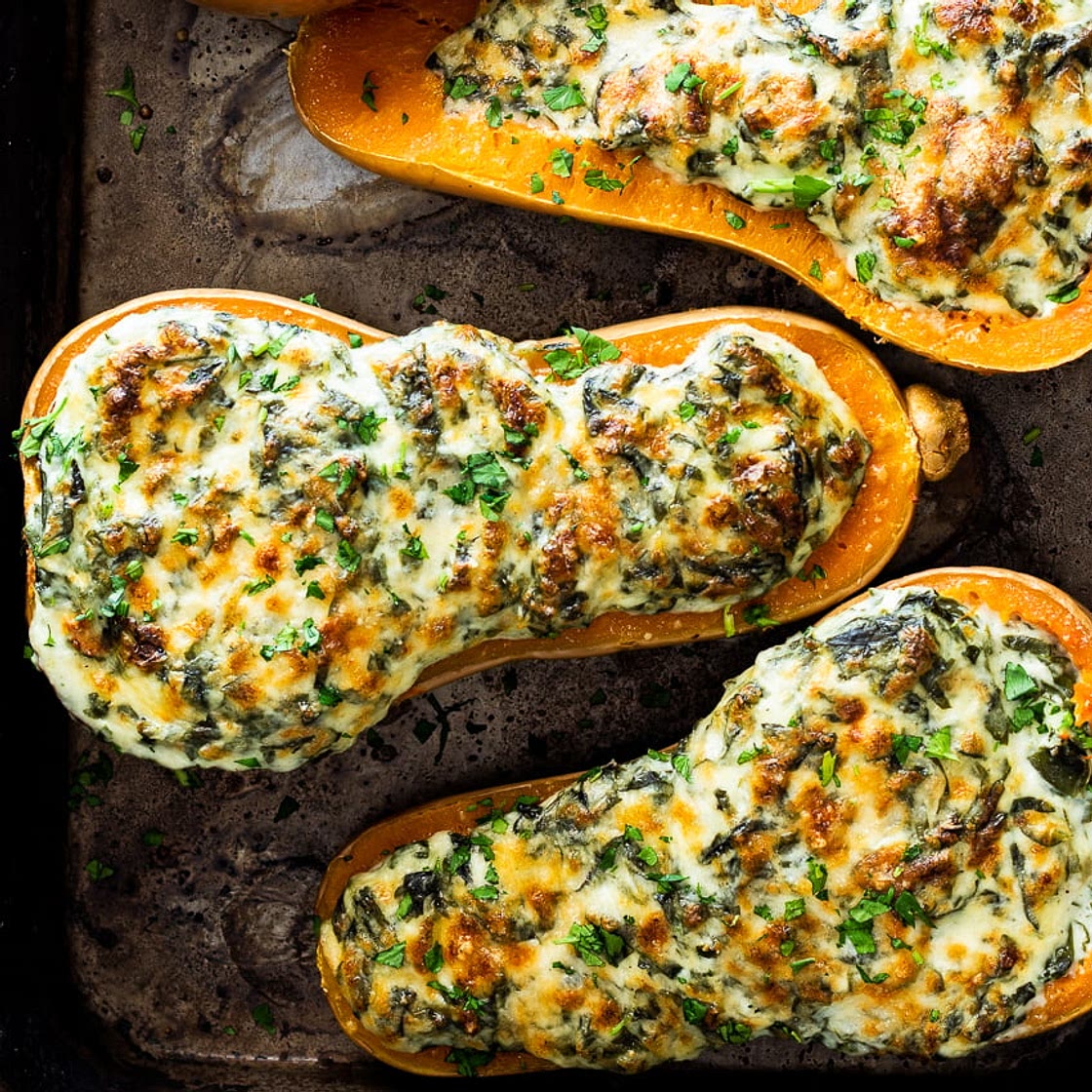 Creamed spinach stuffed butternut squash