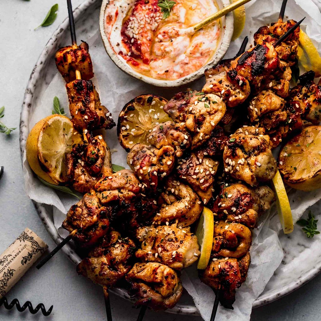Lemon Chicken Skewers with Harissa Yogurt Sauce