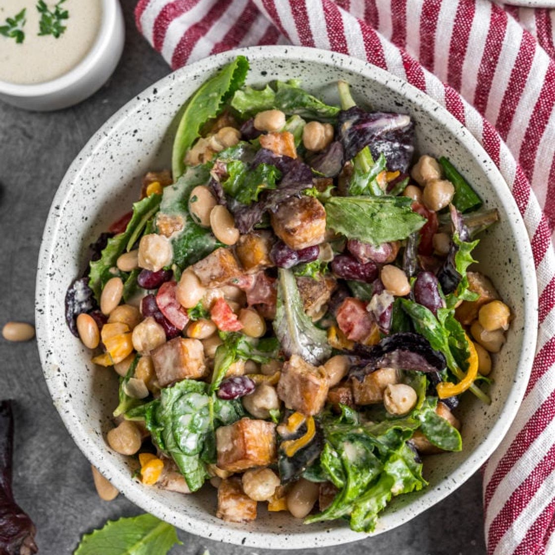 High Protein Bean & Tofu Salad with Garlic Tahini Dressing