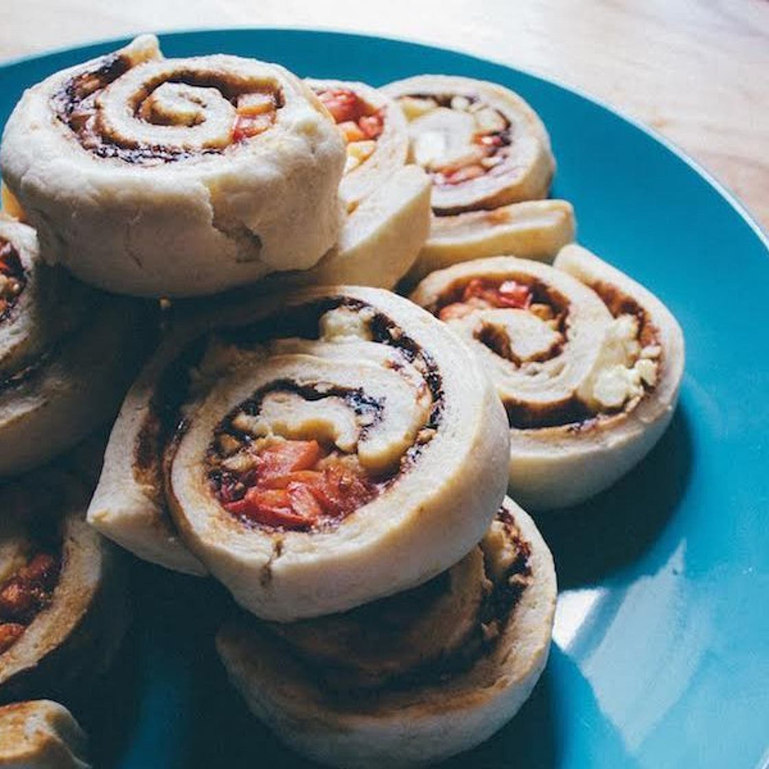 Vegemite, tomato and feta scrolls