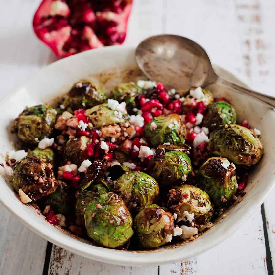 Crispy Air Fryer Brussels Sprouts Recipe with Feta, Pomegranate and Balsamic Vinegar