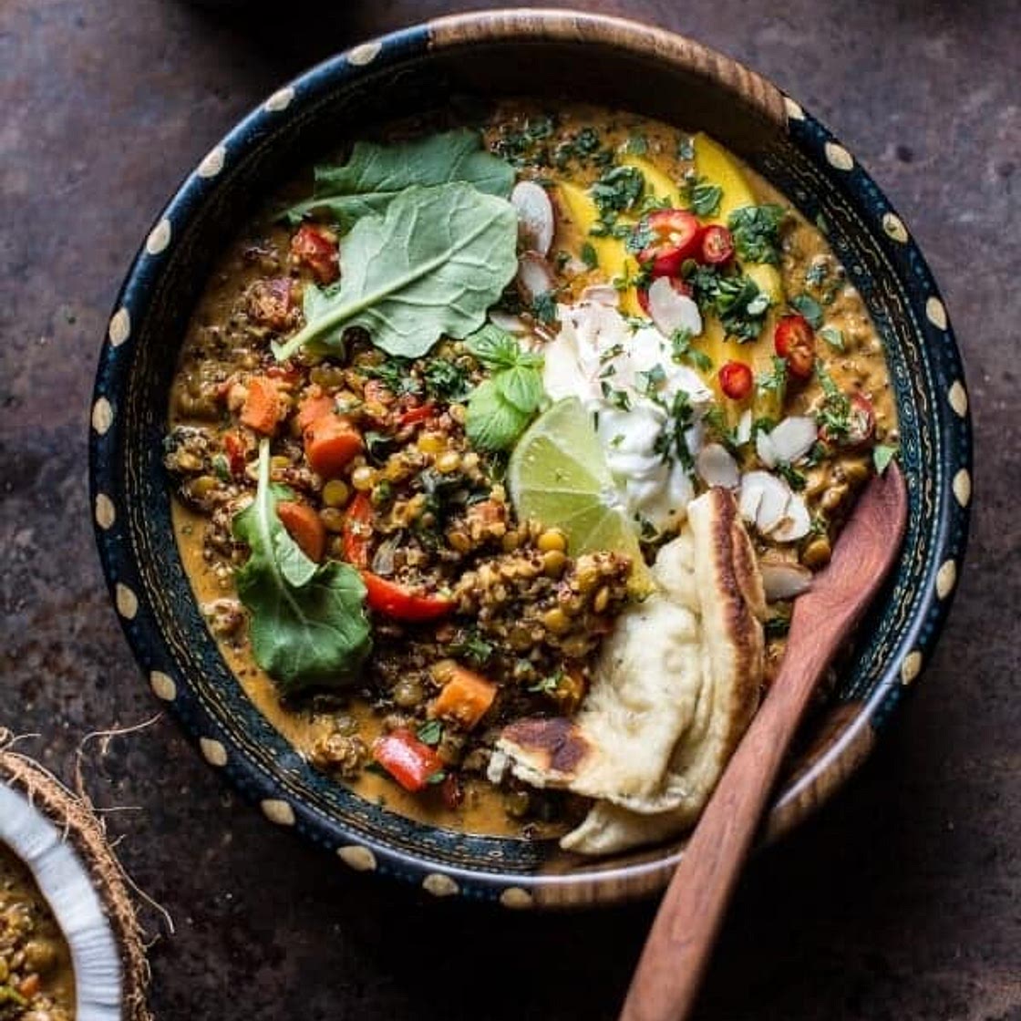 Simple Coconut Quinoa and Lentil Curry with Lime Mango