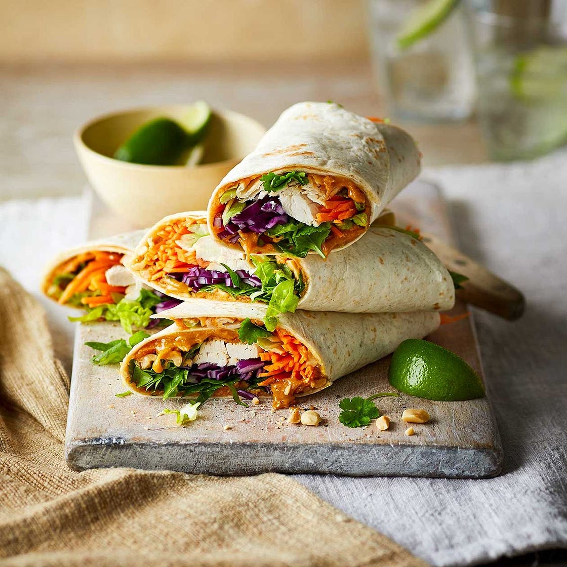 Satay chicken salad wraps