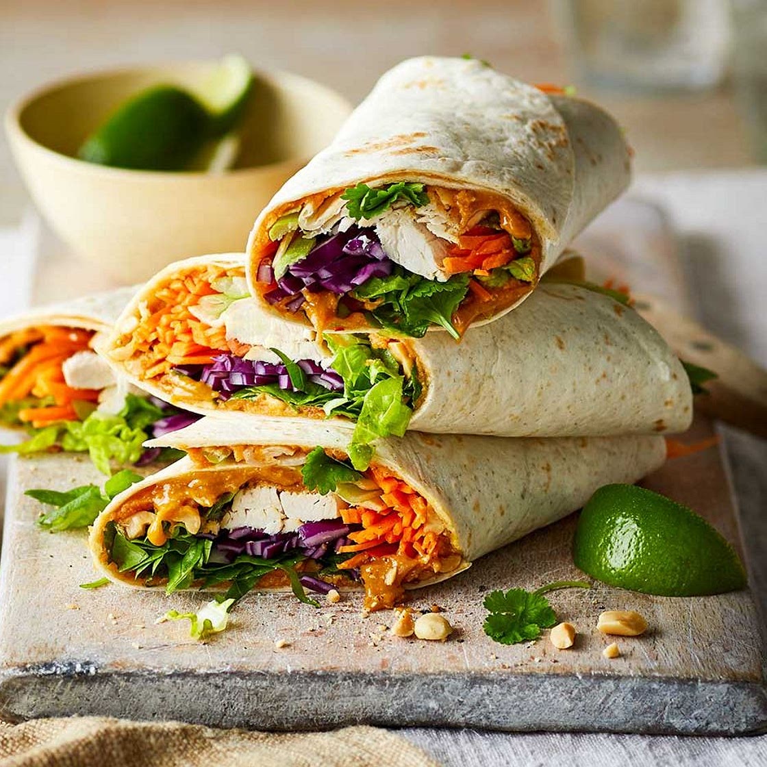 Satay chicken salad wraps