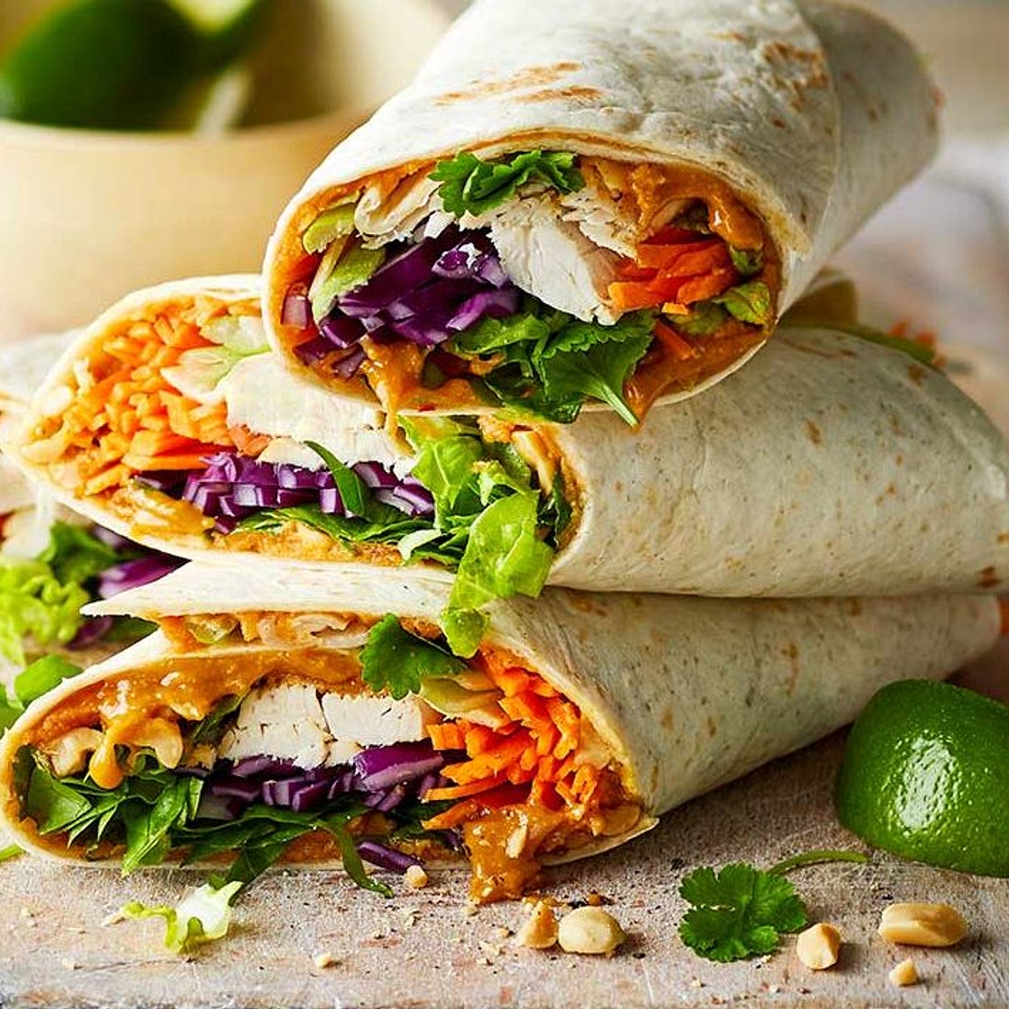 Satay chicken salad wraps