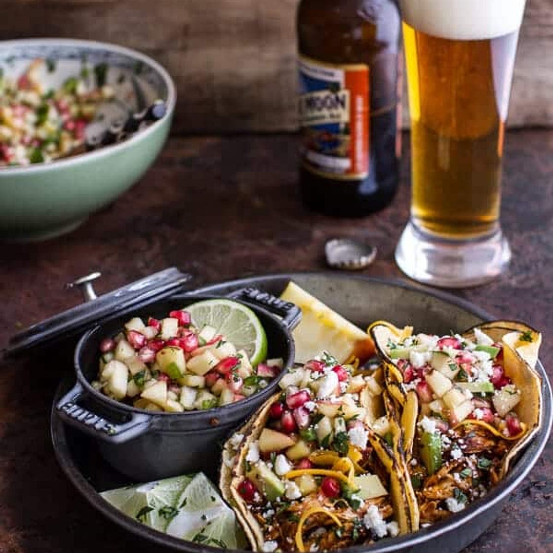 Spicy Cider Beer Braised Chicken Enchilada Tacos w/Sweet Chili Apple-Pomegranate Salsa
