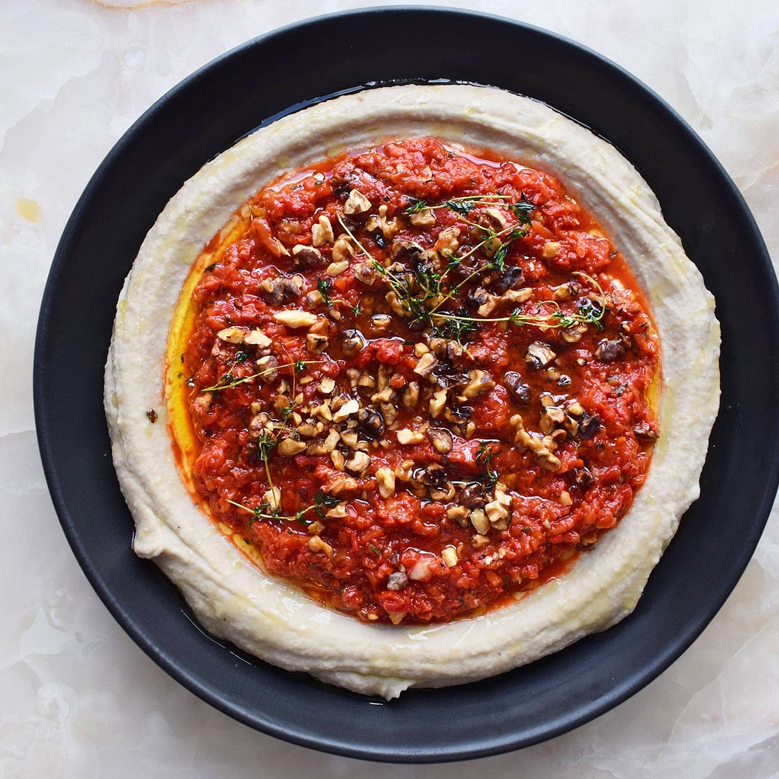 Butterbean hummus with red pepper and walnut