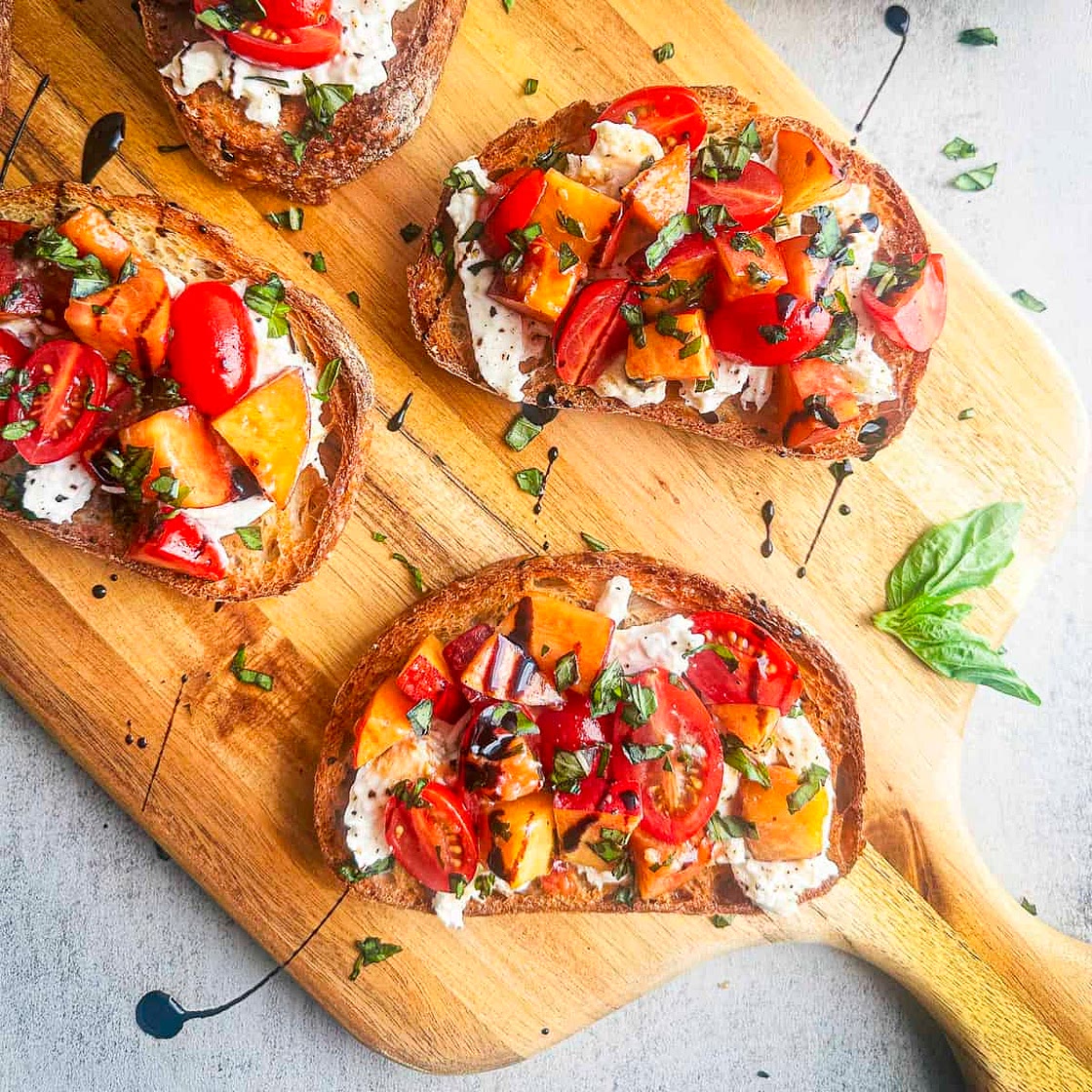 Burrata Bruschetta with Fresh Summer Peaches and Tomatoes