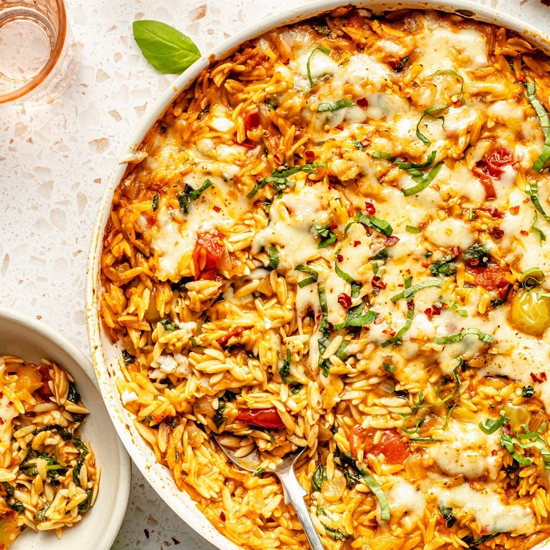 One Pan Tomato Basil Baked Orzo