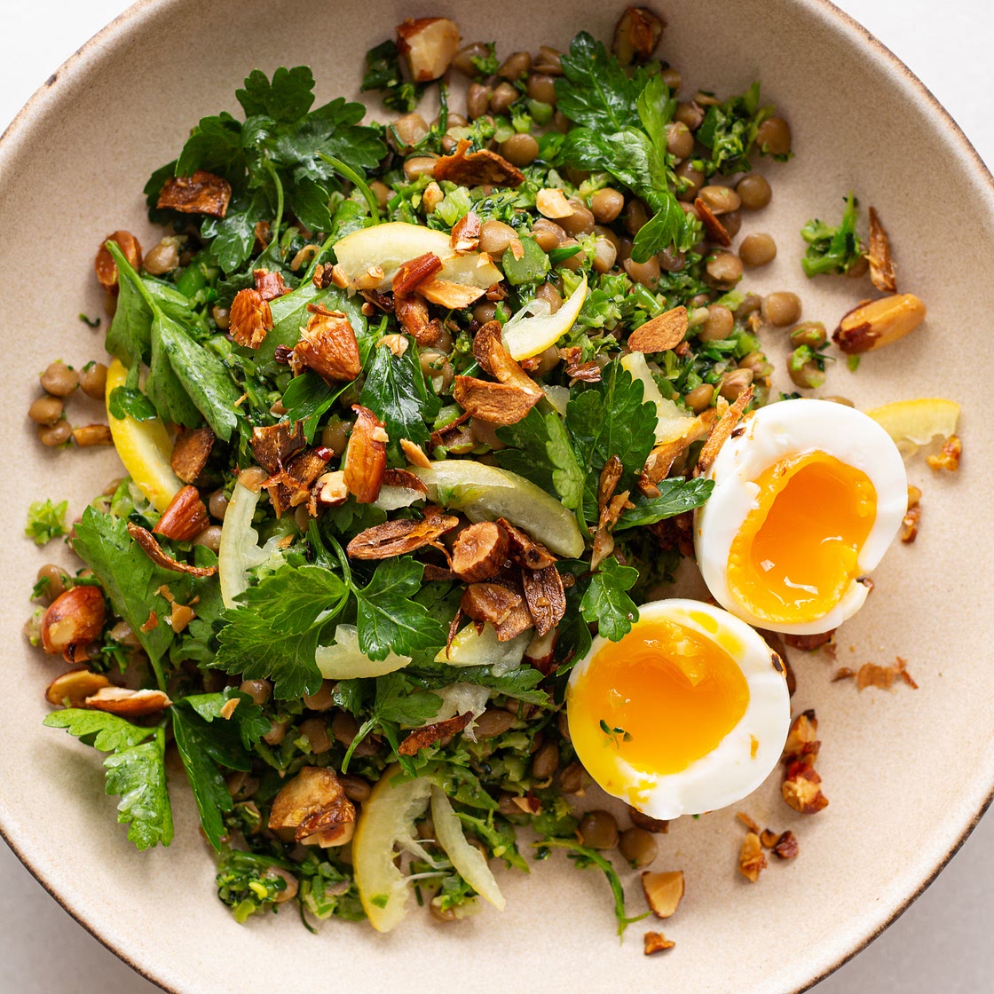 Almond Garlic Greens & Lentils