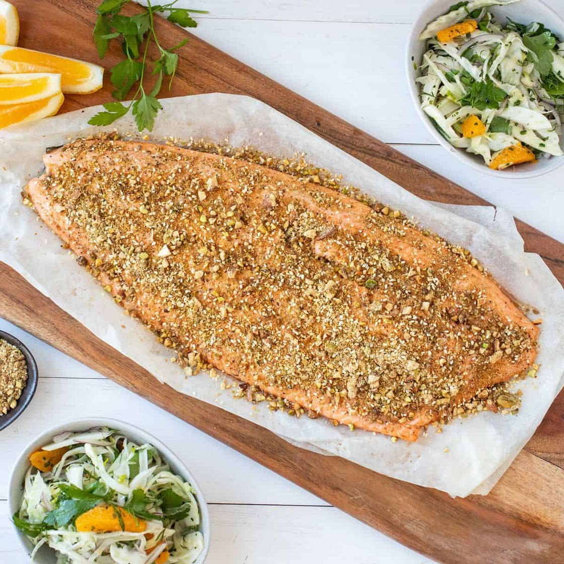 Baked salmon fillet with dukkah