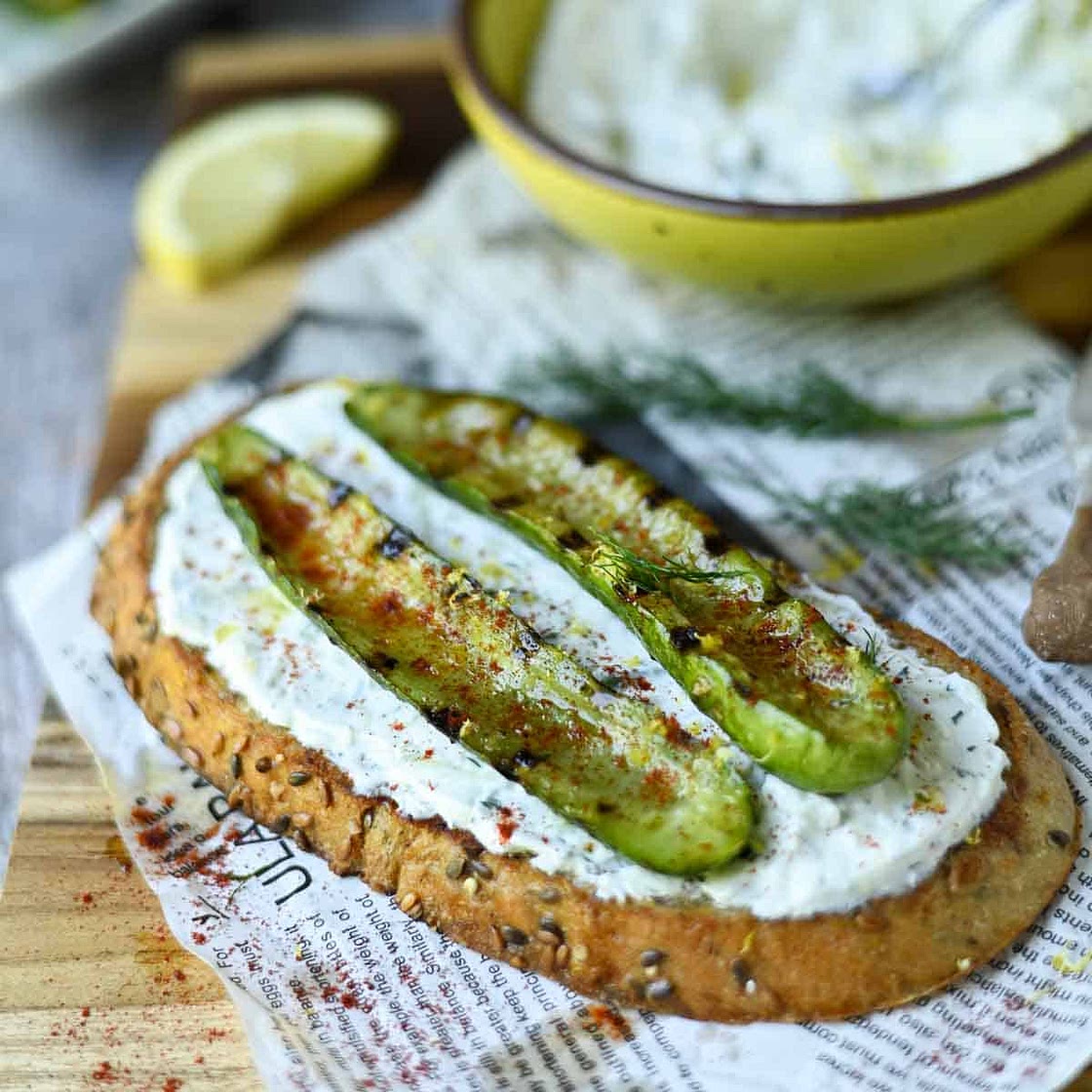 Tzatziki Toast with Grilled Cucumbers