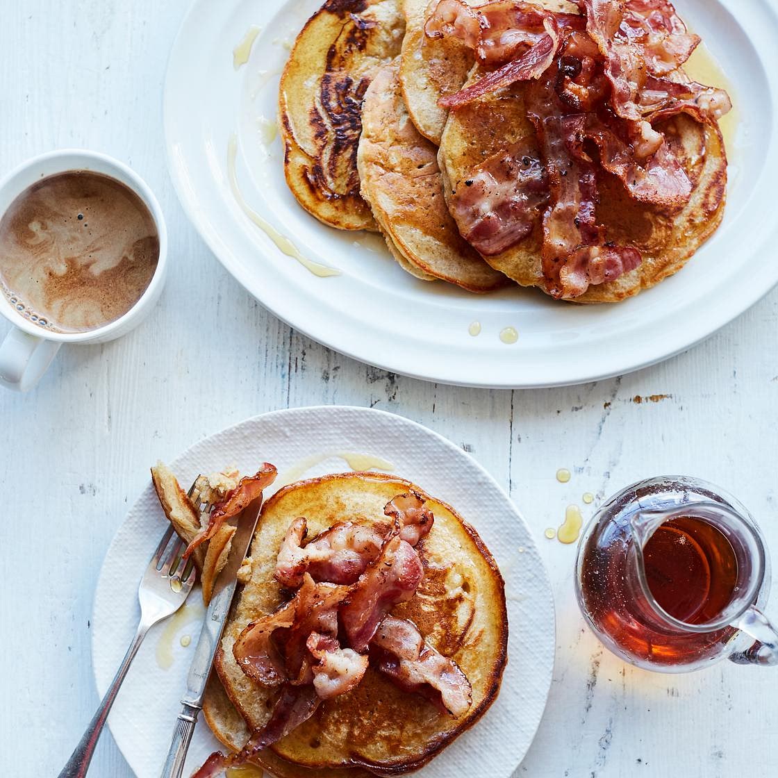 Buttermilk pancakes with cinnamon and crispy bacon